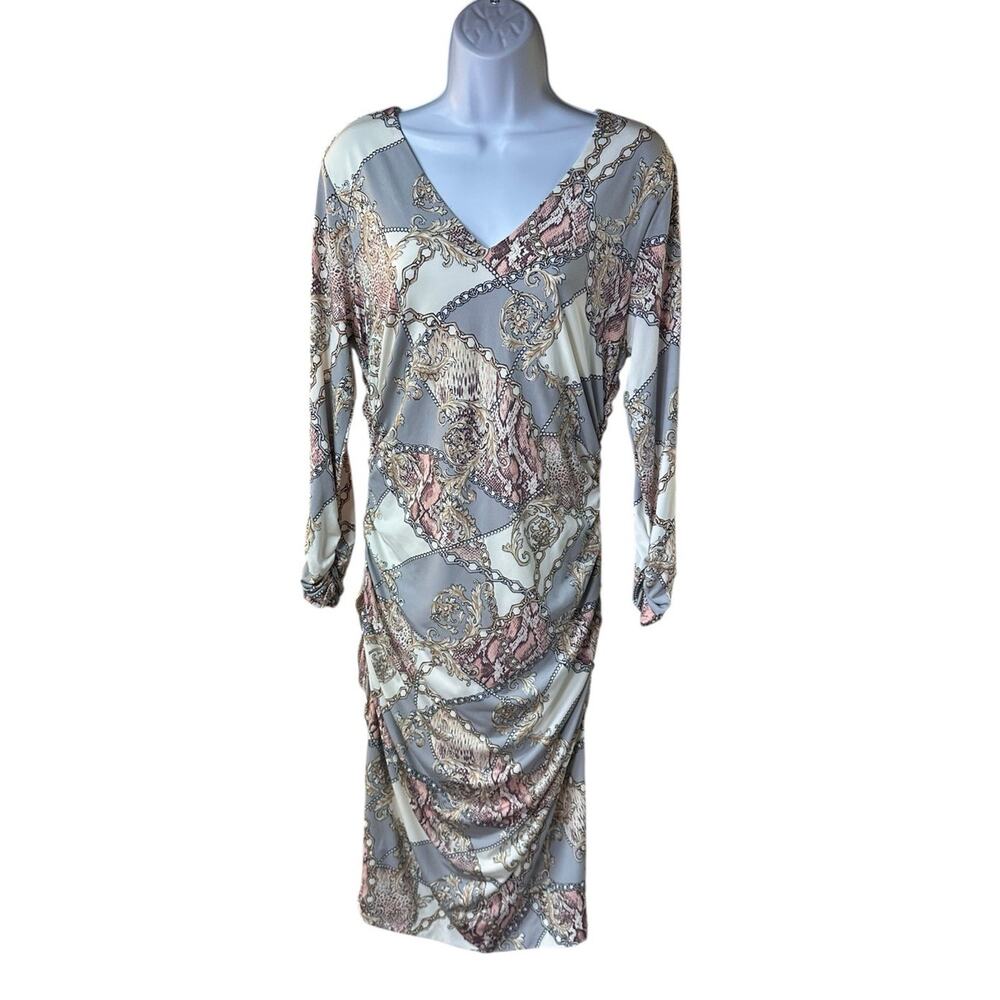 CACHE Sheath Dress Gray White Pearls Chains Print Metallic Silver Body-con XL